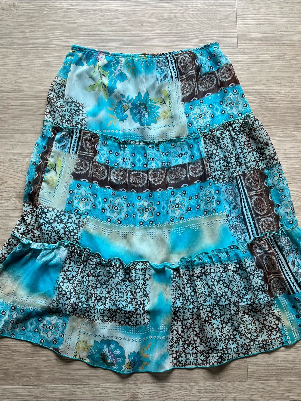 Ninety Turquoise Patchwork Tiered Midi Skirt